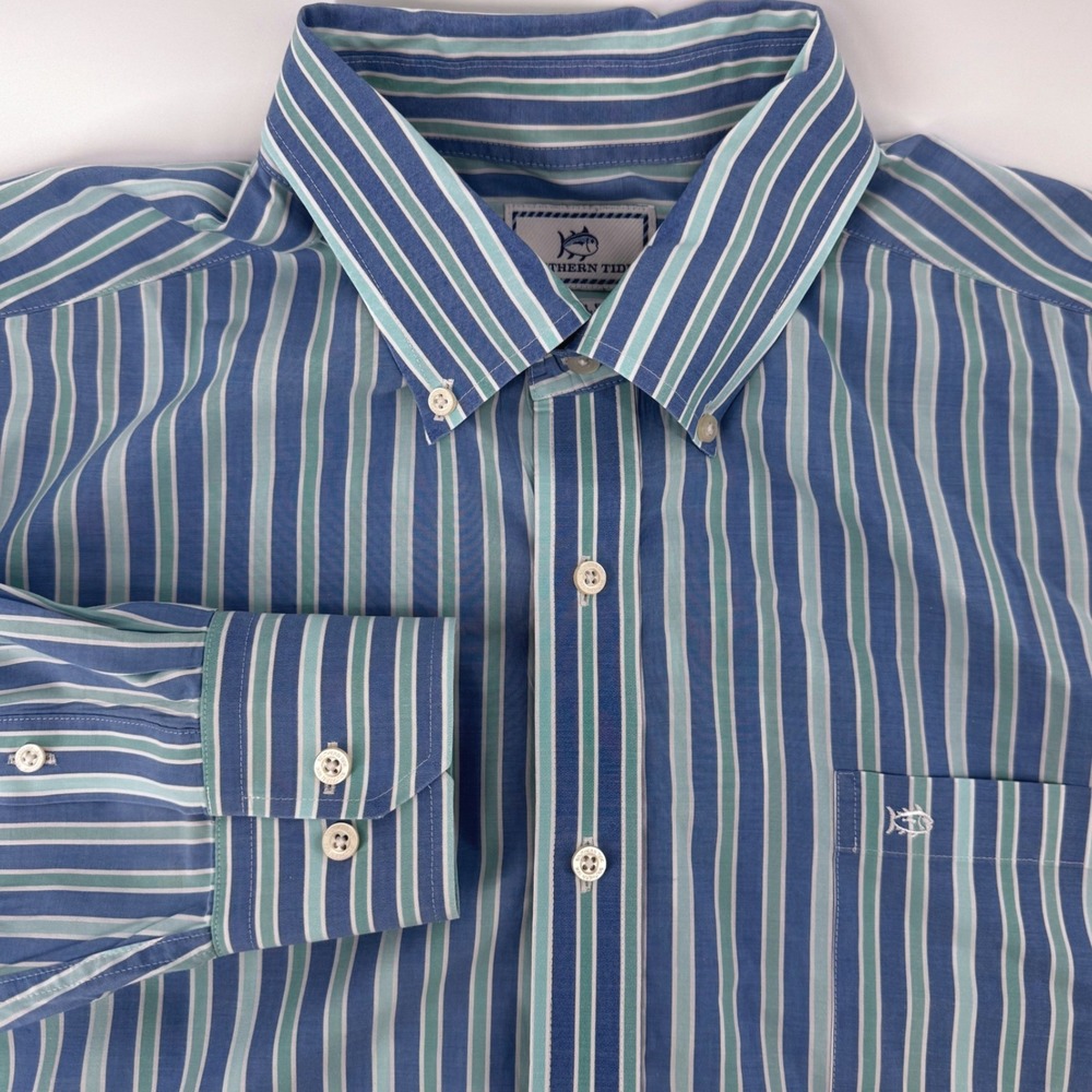 Southern Tide Mens‎ XL Trim Fit Striped Button Down Shirt Blue Teal Long Sleeve